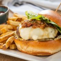 Timber & Salt Burger · Muenster cheese, bacon jam, horseradish mayo, lettuce, house pickles and fries