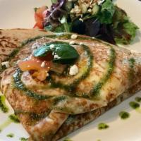 Veggie Crepe · Spinach, tomato and feta cheese with special house made pesto sauce.