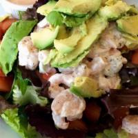 Shrimp Avocado Salad · Mixed greens, shrimp salad mix, tomato, avocado with balsamic dressing.