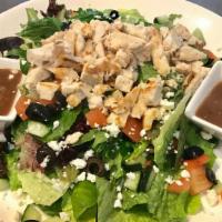 Chicken Greek Salad · Chicken mixed green, tomato, olives, cucumber, feta cheese with balsamic dressing.