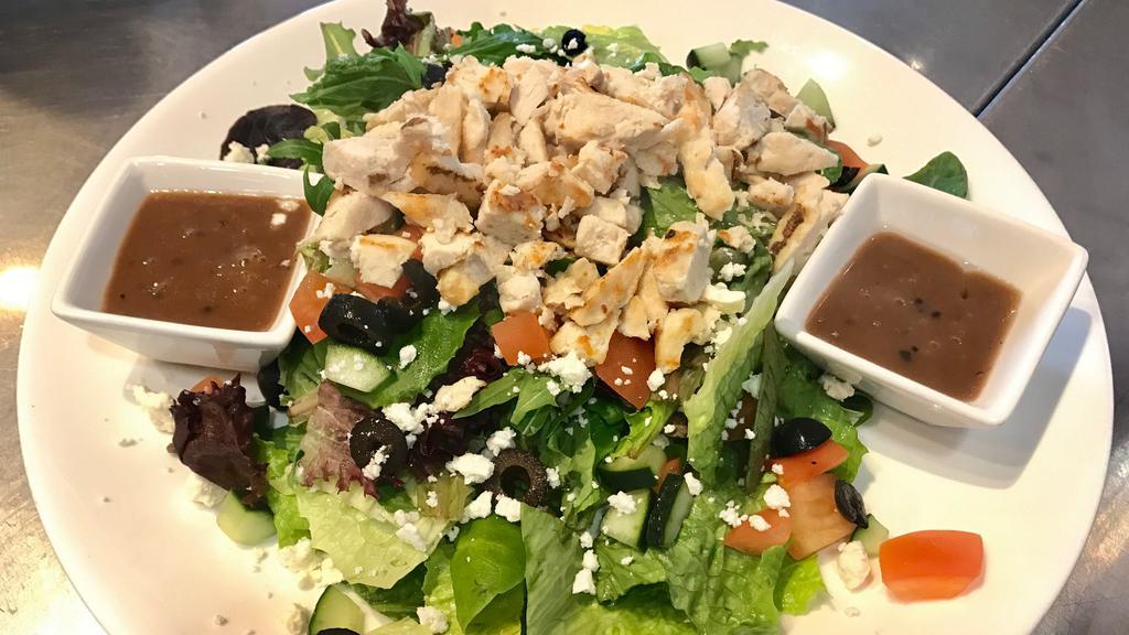 Chicken Greek Salad · Chicken mixed green, tomato, olives, cucumber, feta cheese with balsamic dressing.