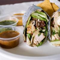 360 Gourmet Burrito · Our most popular burrito! Filled with mounds of chicken & steak, lettuce, red onions, cilant...