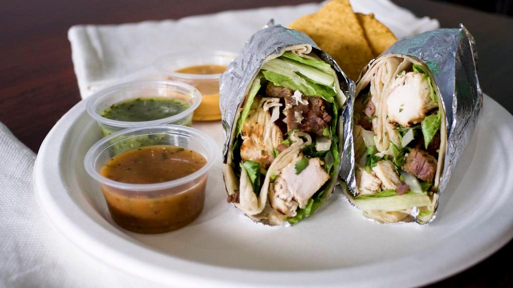 360 Gourmet Burrito · Our most popular burrito! Filled with mounds of chicken & steak, lettuce, red onions, cilantro, tomatoes, jalapeno-garlic & 360 dressing. No rice or beans.
