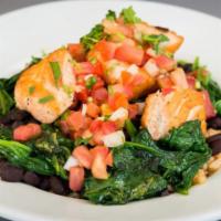 Salmon Bowl · (Sauteed) Broccoli, zucchini, white onions, bell peppers, Brown rice, black beans,lettuce, f...