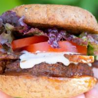 Blue BBQ Burger · Organic Mushroom & Quinoa Patty, Organic Tempeh Bacon, Creamy Blue Cheese & Organic BBQ Sauc...