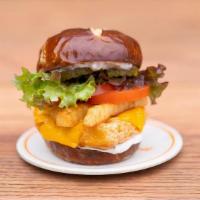 Fish-n-Chips Burger · Golden Fried Fish(less) Filets, American Cheese, Organic Tomato, Organic Lettuce, Organic Pi...