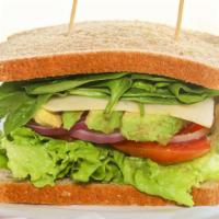 #18 Veggie Sandwich · Swiss Cheese, Lettuce, Tomato, Cucumber, Onion, Avocado, Spinach, Salt, and Pepper.