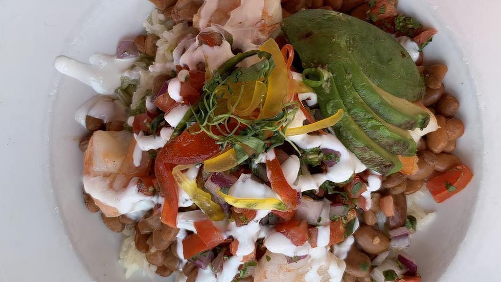 Burrito Bowl · Cilantro Lime rice, your choice of meat or veggies, pinto beans, fresh aavocado, pico de gallo and sour cream.