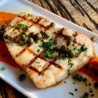 Grilled Sea Bass · piquillo sauce, capers, italian parsley, meyer lemon oil