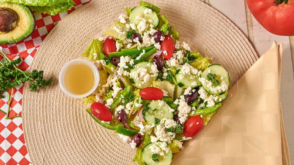 Greek salad · Lettuce,Onions,Grape Tomatoes,
Kalamata Olives,Feta Cheese, Cucumbers, Bell Peppers.