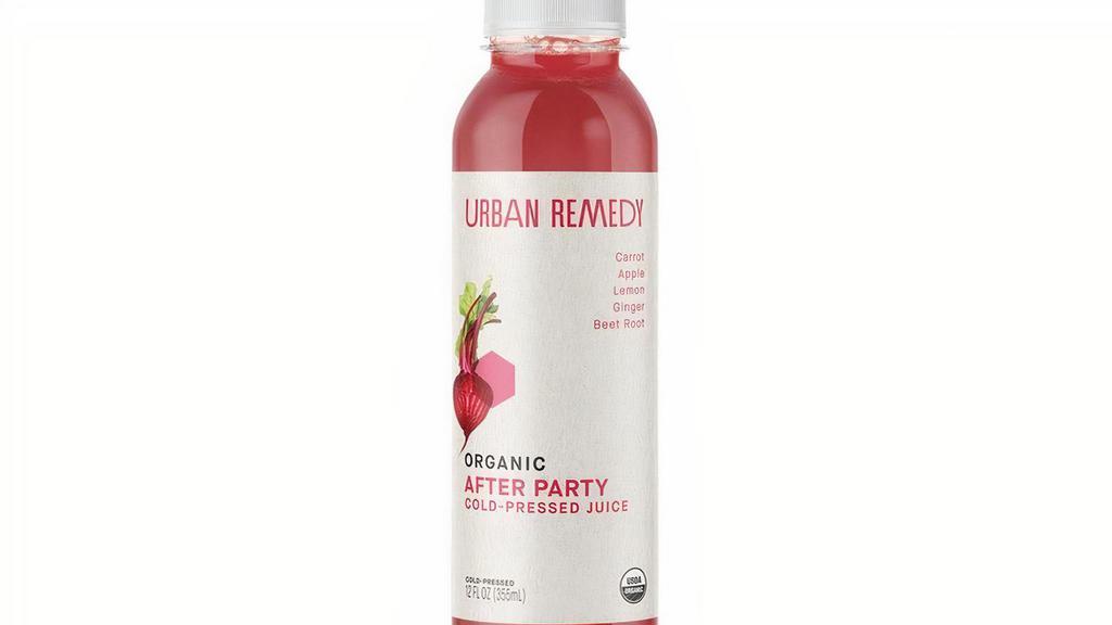 After Party 12 oz · After Party replenishes your body and quenches your thirst whether you’ve been partying the night before or not. With a nod to Traditional Chinese Medicine, this mouthwatering juice blends beet root, carrot, ginger, apple, and lemon to support digestion and calm your spirit. Here’s to your newest weekend staple.. All of our products are organic, gluten-free, dairy-free, and non-GMO.. INGREDIENTS. Carrot Juice*, Apple Juice*, Lemon Juice*, Ginger Juice*, Beet Root Juice*. * ORGANIC