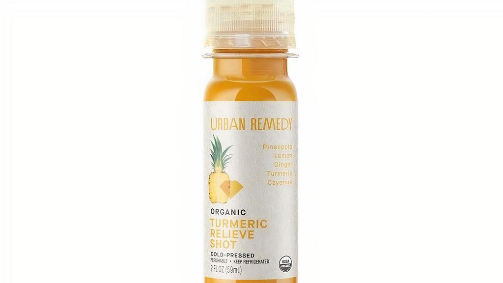 Turmeric Relieve Shot · Our turmeric-relieve shot is an Urban Remedy best-seller for its long list of health benefits. Blending together bromelain-rich pineapple, lemon, ginger, turmeric, and a kick of cayenne, this sweet & spicy wellness shot works to reduce bloating, support digestion and detoxification, and strengthen your immune system. It’s the perfect post-workout remedy, and the detox solution for your cold, flu, and hangover woes.. All of our products are organic, gluten-free, dairy-free, and non-GMO.. INGREDIENTS. Pineapple Juice*, Lemon Juice*, Ginger Juice*, Turmeric Juice*, Cayenne*. * ORGANIC .