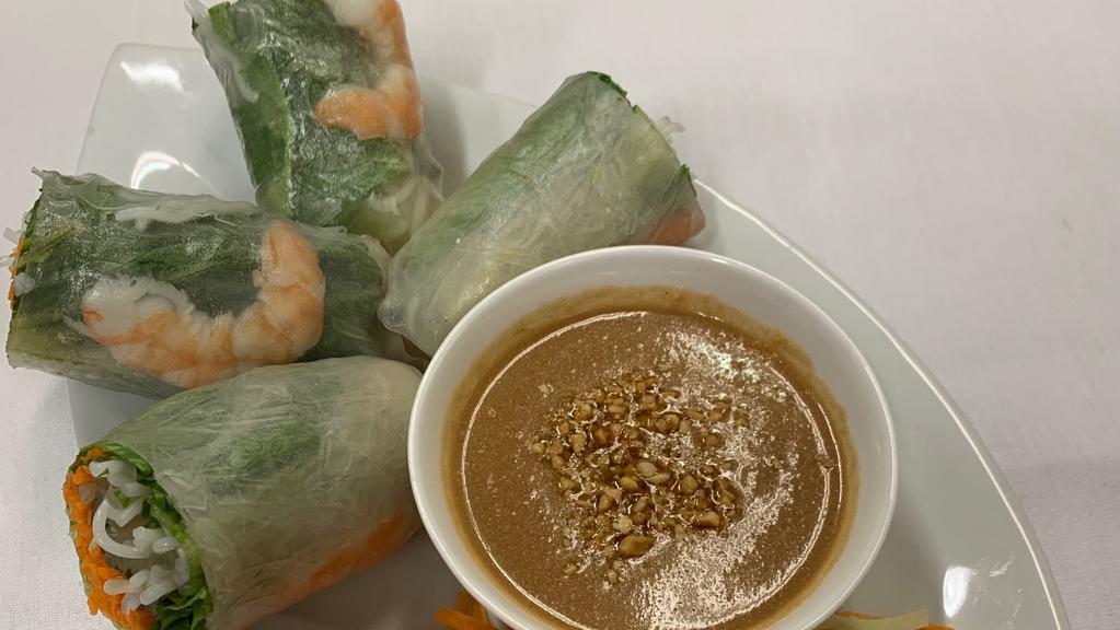 A1. Fresh Spring Rolls · Shrimp, mint, lettuce, bean sprouts and rice noodles wrapped with rice paper and served with peanut sauce.
