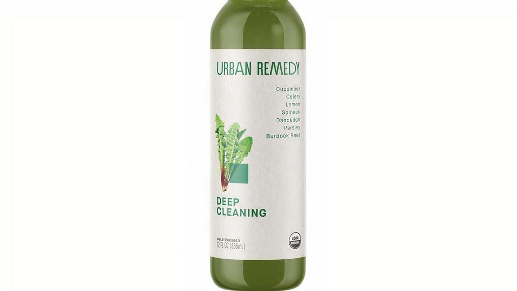 Deep Cleaning 12 oz · Our Deep Cleaning green juice detoxifies, hydrates, and gives you a digestive restart. Burdock root and dandelion greens are at the forefront, used to cleanse the body in Traditional Chinese Medicine, and are blended together with cucumber, celery, spinach, kale, parsley, and lemon for a refreshingly light, yet remarkably powerful juice. This is cleansing from the inside out at its finest.. All of our products are organic, gluten-free, dairy-free, and non-GMO.. INGREDIENTS. Cucumber Juice*, Celery Juice*, Lemon Juice*, Spinach Juice*, Dandelion Juice*, Parsley Juice*, Burdock Root* (Filtered Water, Burdock Root Powder*). * ORGANIC