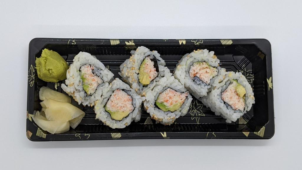 California roll (6) · Rice outside roll with avocado, imitation crab cake, mayonnaise and sesame seeds.
