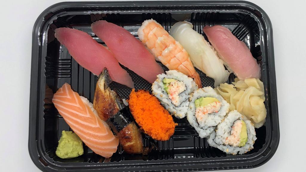Regular Sushi · Assortment of tuna, yellowtail, shrimp, white fish, salmon, eel, and smelt roe nigiri. 3 pieces of California roll. Some may be replaced due to availability.