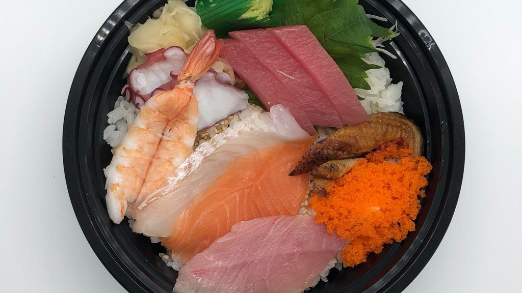 Regular Chirashi · Sashimi assortment on top of a bowl of sushi rice. (Tuna, salmon, yellowtail, octopus, white fish, shrimp, smelt roe, eel, tamago)