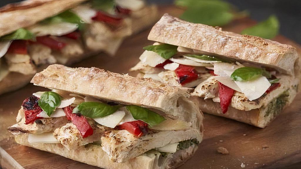 Provence Chicken Pesto Baguette · Grilled Chicken, Parmesan, Mozzarella, Roasted Bell Pepper, Pesto, Basil, Baguette.

Contains: Egg, Milk, Wheat