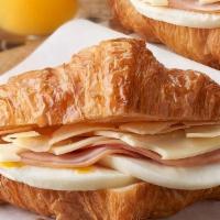 Ham Egg Swiss Croissant · Pork Ham, Egg, Parmesan Cheese, Swiss Cheese, Dijon Mayonnaise. 

Contains: Egg, Milk, Soy, ...
