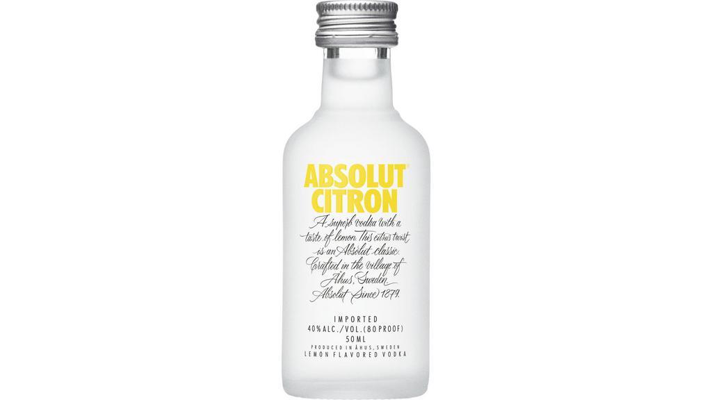Absolut Citron (50 ml) · Now, was it that Absolut Citron inspired the creation of the Cosmopolitan, one of the world's best known modern cocktails, that brought it fame? Absolut Citron is an all-natural vodka with a twist of lemon. Crisp and tangy with no added sugar. Launched in 1988, Absolut Citron is made exclusively from natural ingredients, containing no added sugar. Citron is one of our most mixable flavored vodkas, able to enhance a wide selection of drinks but also works brilliantly neat or on the rocks with its smooth fresh fruity lemon and lime character.