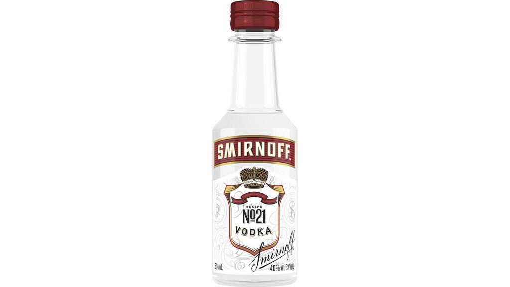 Smirnoff (50 Ml) · Smirnoff No. 21 Vodka is the World's No. 1 Vodka. Our award-winning vodka has robust flavor with a dry finish for ultimate smoothness and clarity. Triple distilled and 10 times filtered, our vodka is perfect on the rocks or in your favorite cocktail. Smirnoff No. 21 is Kosher Certified and gluten free.