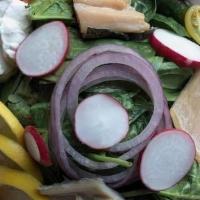 *Smoked Trout Salad* · Smoked Trout with Horseradish Sauce, Radish Red Onion
on a Bed of Mixed Greens