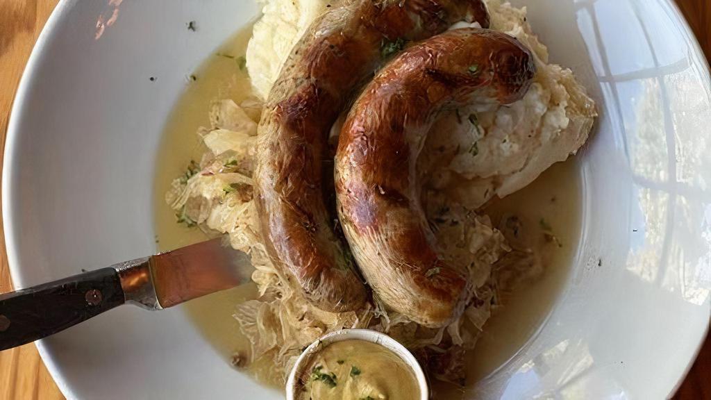 *Bratwurst* · Two Grilled Rustic Pork Bratwurst with Cracked Spices
served over Sauerkraut & Mashed Potatoes
(GF)
