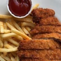 *Kids Wienerschnitzel* · Pan Fried Pork Cutlet cut into strips and served with Fries