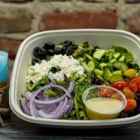  The Bite Salad · Gluten-free, vegetarian. Mix spring, Persian cucumbers, cherry tomatoes, onions, olives, fet...