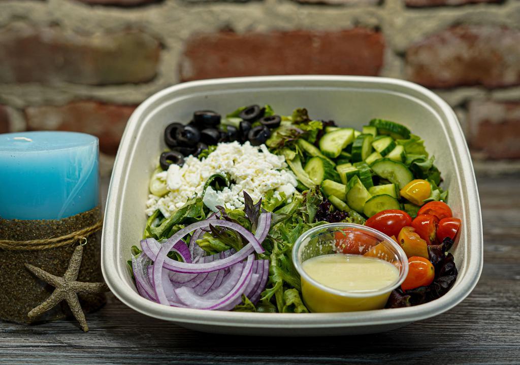  The Bite Salad · Gluten-free, vegetarian. Mix spring, Persian cucumbers, cherry tomatoes, onions, olives, feta cheese, house dressing.