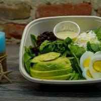 Mission Salad · Gluten-free, vegetarian. Spinach, boiled egg, raisins, avocado, feta cheese, house dressing.