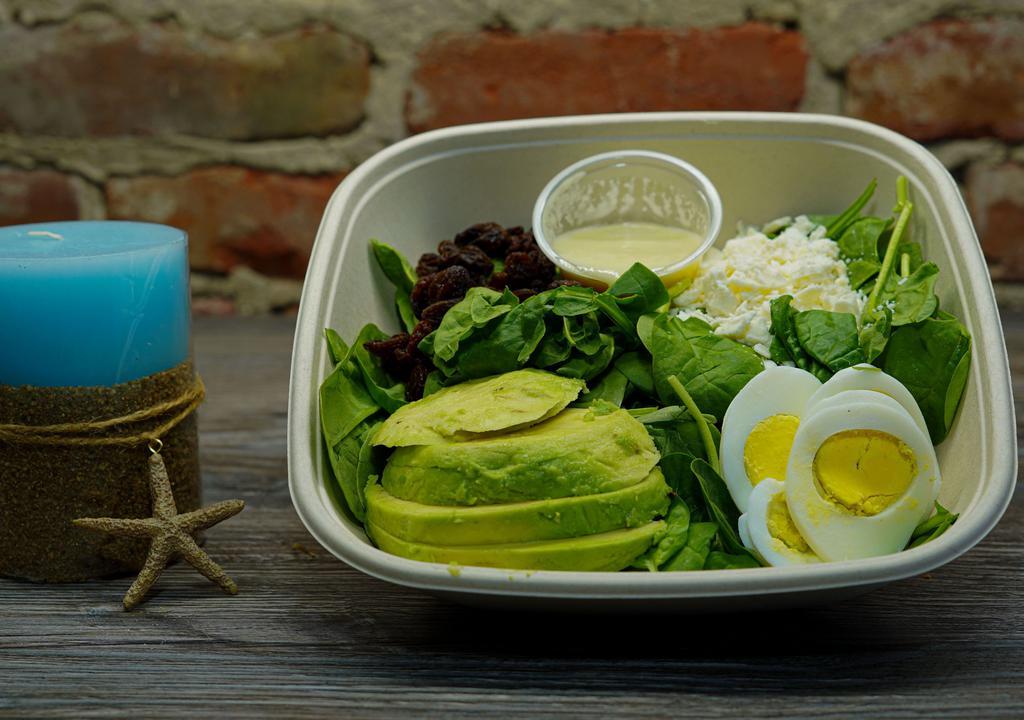 Mission Salad · Gluten-free, vegetarian. Spinach, boiled egg, raisins, avocado, feta cheese, house dressing.