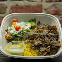 Lamb and Beef Gyro Rice Bowl · Gluten-free. House marinated  Lamb and Beef Gyro with healthy herbs and spices, rice, house ...
