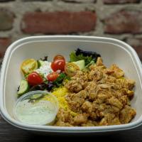 Chicken Gyro Rice Bowl · Gluten-free. House marinated chicken gyro with healthy herbs and spices, rice, house salad, ...