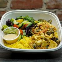 Vegan Gyro Rice Bowl · Vegan, gluten-free, vegetarian. House-made vegan gyro, rice, house salad, orange sauce.