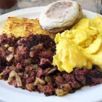 CORNED BEEF HASH · homemade with onions, peppers, fresh thyme, two eggs any style. Served with yukon gold hash ...