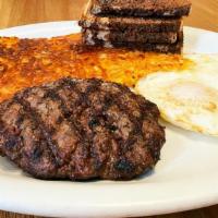 HAMBURGER & EGGS · certified angus beef patty, two eggs any style. Served with yukon gold hash browns and choic...