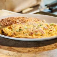 DENVER OMELETTE · ham, onion and bell pepper. served with yukon gold hash browns and choice of toast