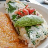 MONTEREY OMELETTE · egg whites, grilled chicken, spinach, pepper jack cheese, pico de gallo, avocado.  served wi...