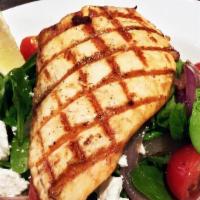 GRILLED SALMON SALAD · Grilled Salmon, baby spinach, grilled onions, cherry tomatoes, feta cheese, house vinaigrette