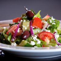 GREEK SALAD · Romaine lettuce, tomato, cucumber, bell pepper, onion, kalamata olives, feta cheese, herb vi...