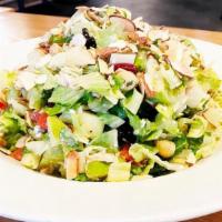 CHOPPED CHICKEN SALAD · romaine lettuce, grilled chicken, granny smith apples, hearts of palm, dried cherries, kidne...