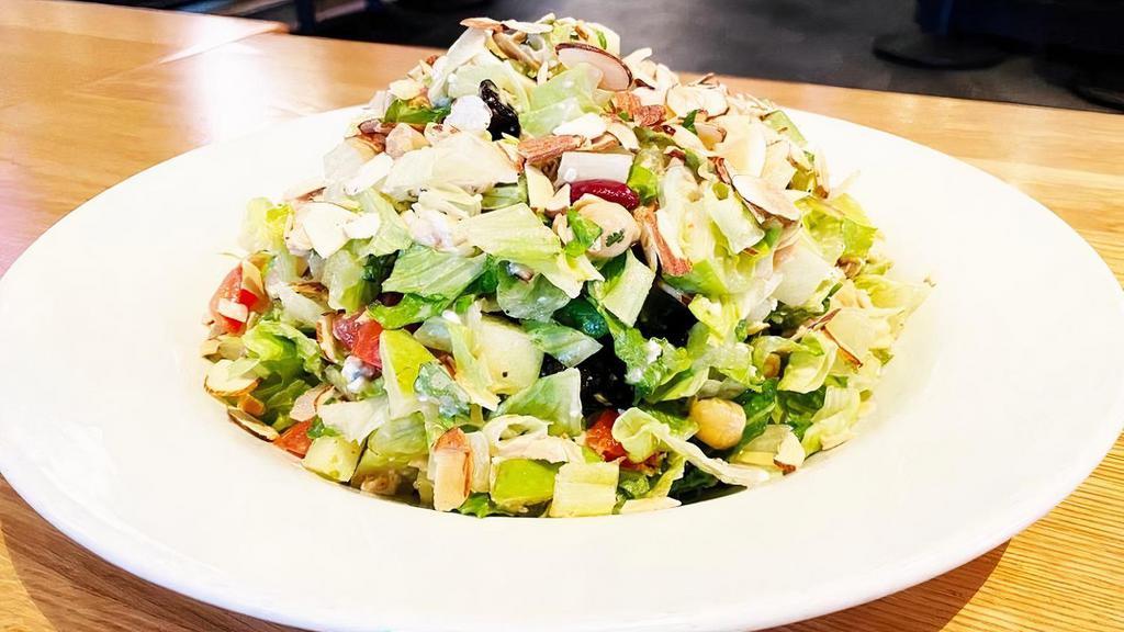 CHOPPED CHICKEN SALAD · romaine lettuce, grilled chicken, granny smith apples, hearts of palm, dried cherries, kidney beans, garbanzo beans, tomatoes, gorgonzola cheese, house vinaigrette