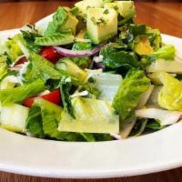 KATERINA'S SALAD · Romaine lettuce, green cabbage, cherry tomatoes, cucumber, avocado, red onion, cilantro, lem...