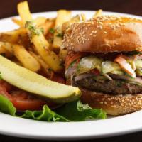 LAMB BURGER · fresh ground lamb and beef with garlic, onion, parsley and mint, topped with cucumber-tomato...