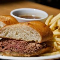 FRENCH DIP · House-Roasted top sirloin, thinly sliced, on warm french roll with au jus and creamy horsera...