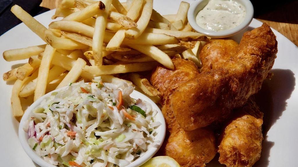 FISH-N-CHIPS · Alaskan Cod dipped in our homemade beer batter, french fries, coleslaw, tartar sauce