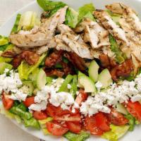 Chicken Cobb Salad (Large) · Romaine lettuce topped with chicken, gorgonzola, avocado, tomato bacon, and egg with vinaigr...