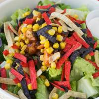 BBQ Chicken (Large) · BBQ chicken, romaine lettuce, corn, black beans, and tortilla strips with blue cheese dressi...