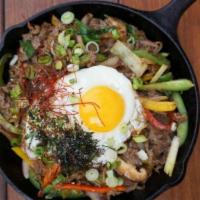 Bulgogi Japchae Rice · bulgogi beef, silver noodle, rice, vegetables, egg.